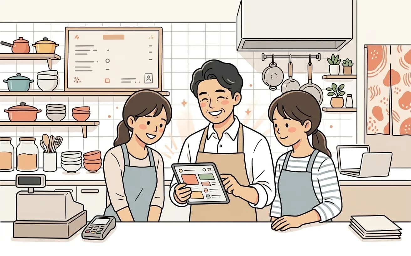 店舗で店主がAI・予約・キャッシュレスの管理画面を見比べているイラスト
