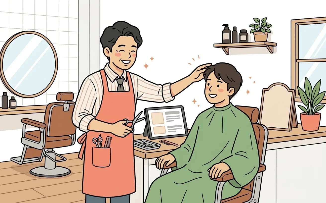 理容室で理容師が施術をしながらタブレットで次回予約を案内するイラスト