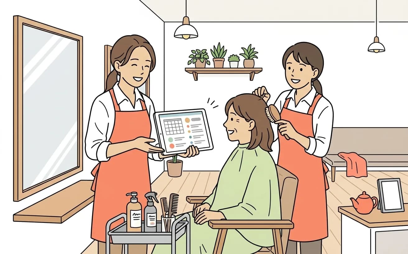 美容室でスタイリストが予約とカルテが連携した画面をお客に見せているイラスト
