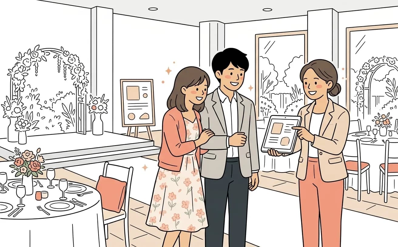結婚式場でプランナーがタブレットを見せながらブライダルフェア参加中の新郎新婦に説明するイラスト