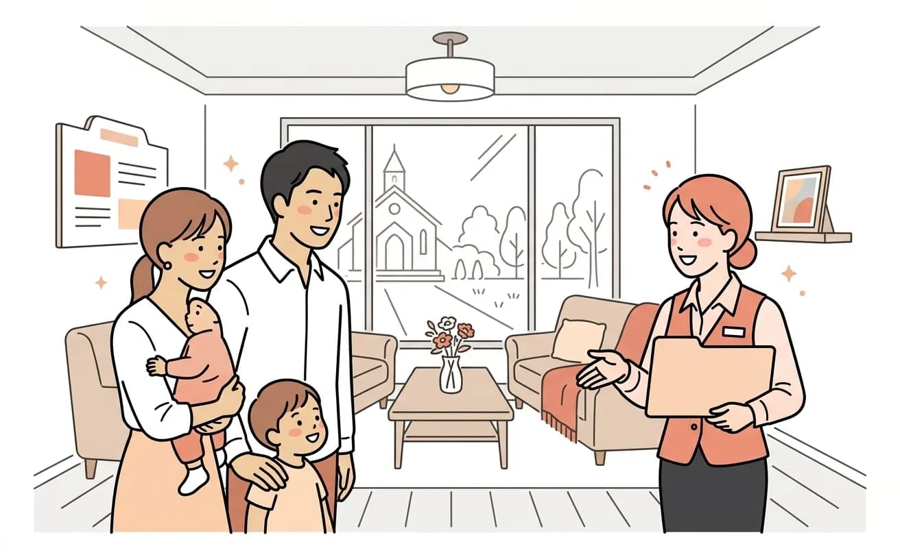結婚式場のラウンジでプランナーが挙式後の記念日に訪れた夫婦と子どもを出迎えているイラスト