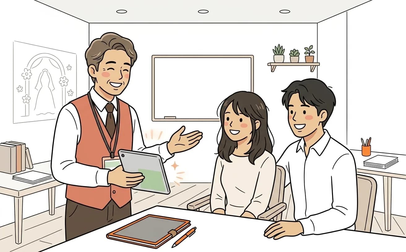 結婚式場でプランナーが打ち合わせスケジュールをタブレットで確認しているイラスト