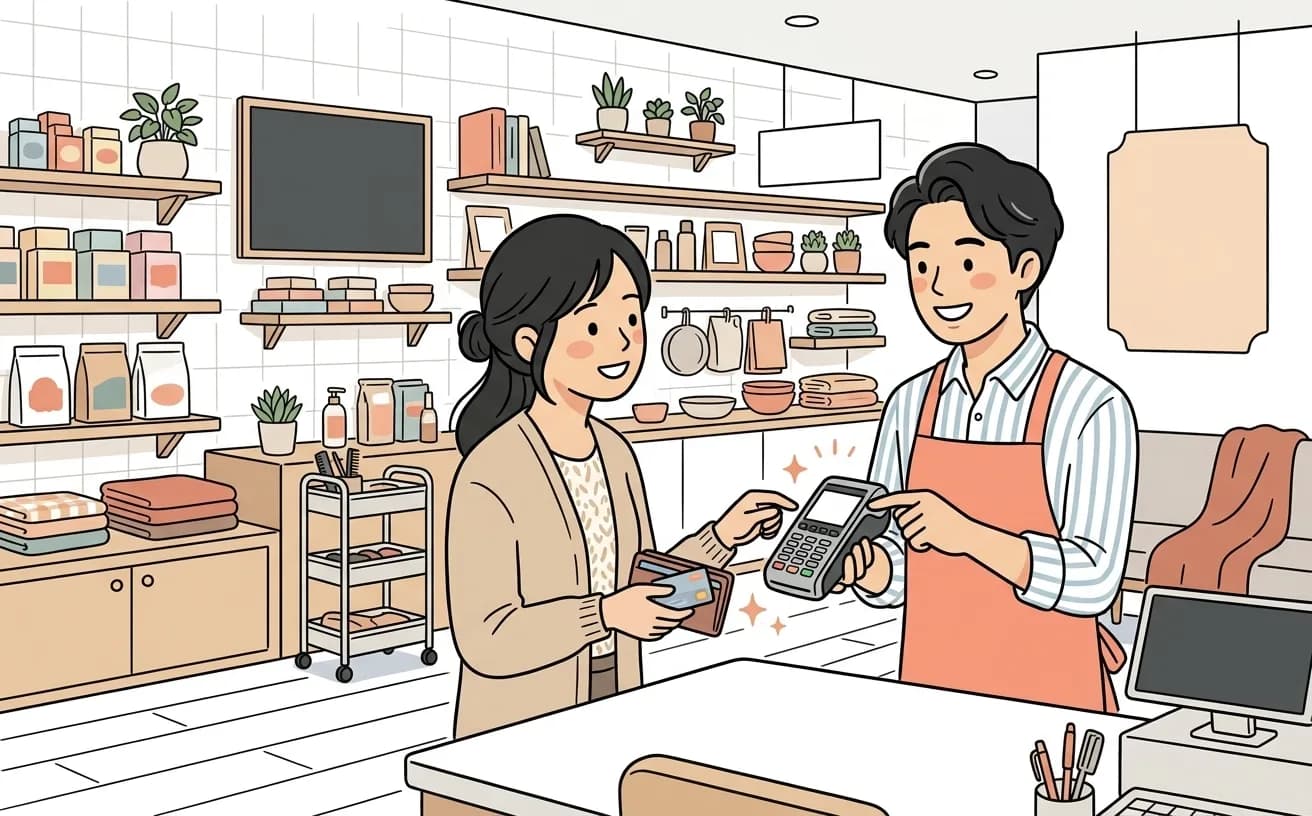 店舗でスタッフがキャッシュレス決済端末でお客の会計をしているイラスト