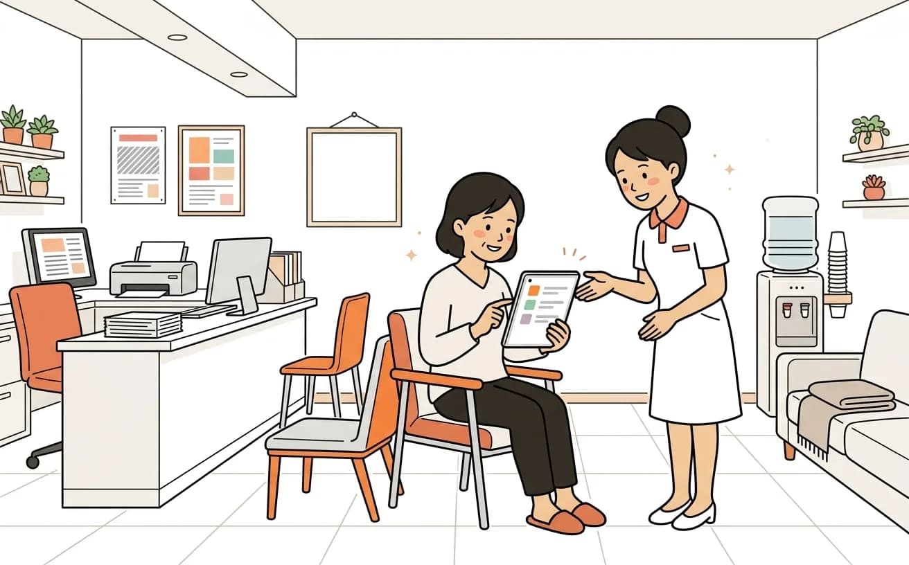 クリニックの待合室で患者がタブレットのAI問診票に入力しているイラスト