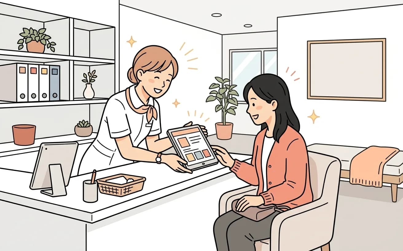 クリニックの受付でスタッフがキャンセル料のルールを患者に説明しているイラスト