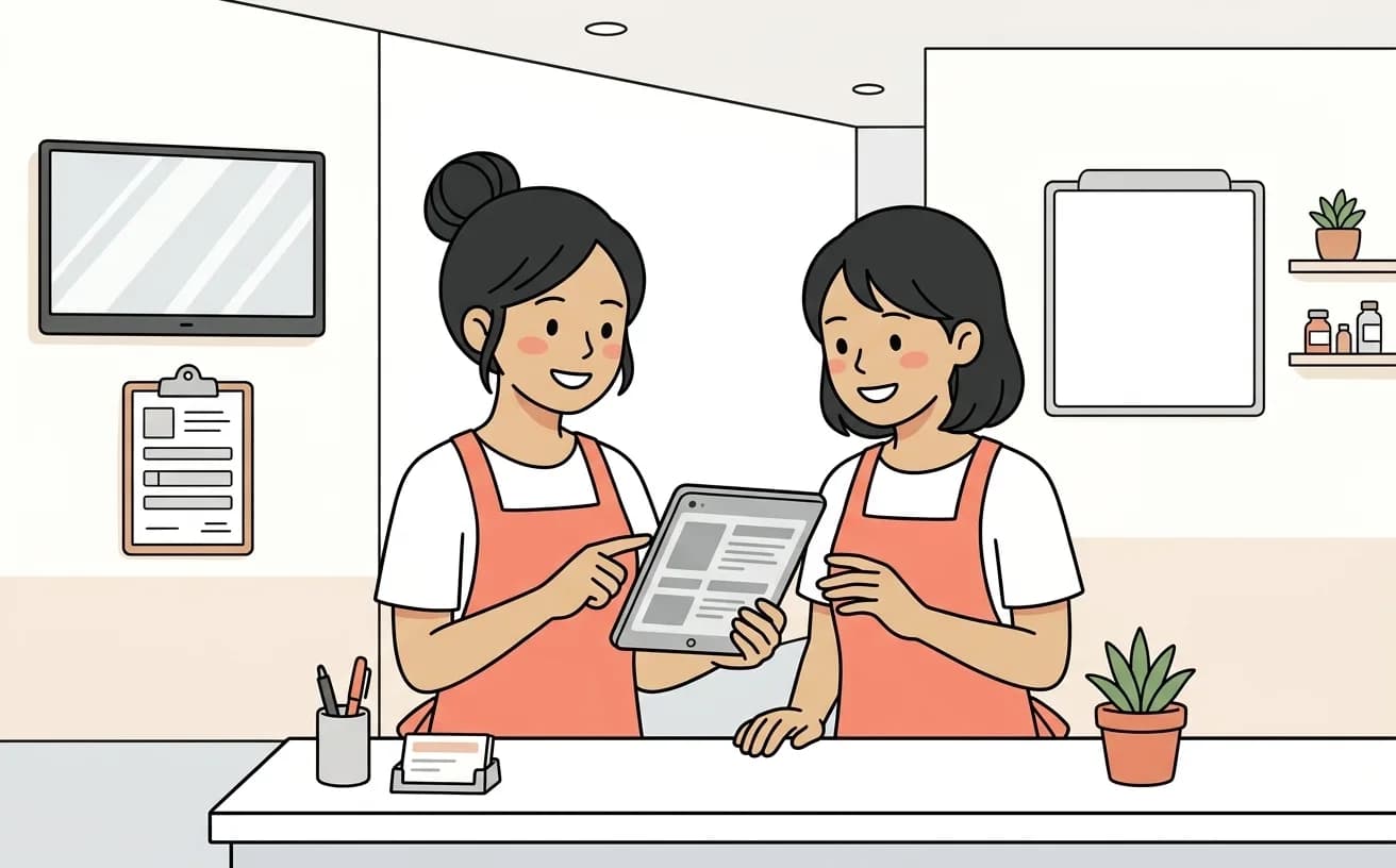 クリニックの受付スタッフが患者の来院履歴と次回受診目安をタブレットで確認しているイラスト