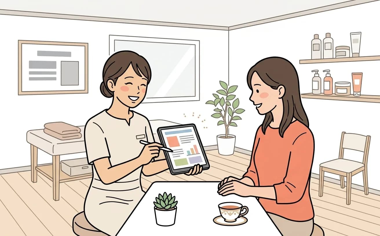 エステサロンでスタッフが入会プラン画面を体験客に説明するイラスト