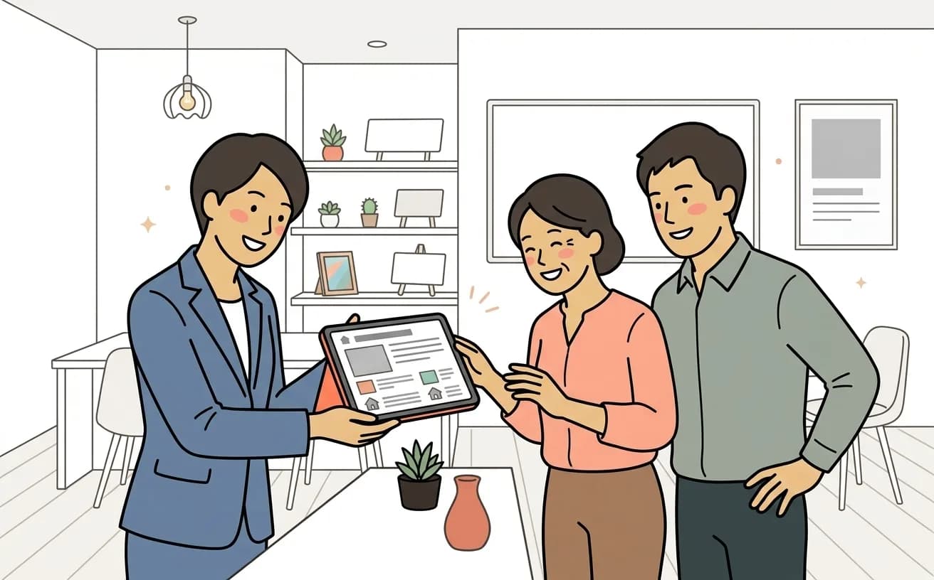 不動産会社でスタッフが内見予約画面を見せながら来店客に案内するイラスト