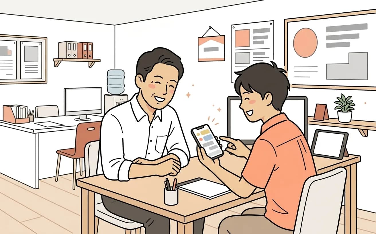 不動産会社でスタッフがスマートフォンの反響通知を確認して素早く返信するイラスト