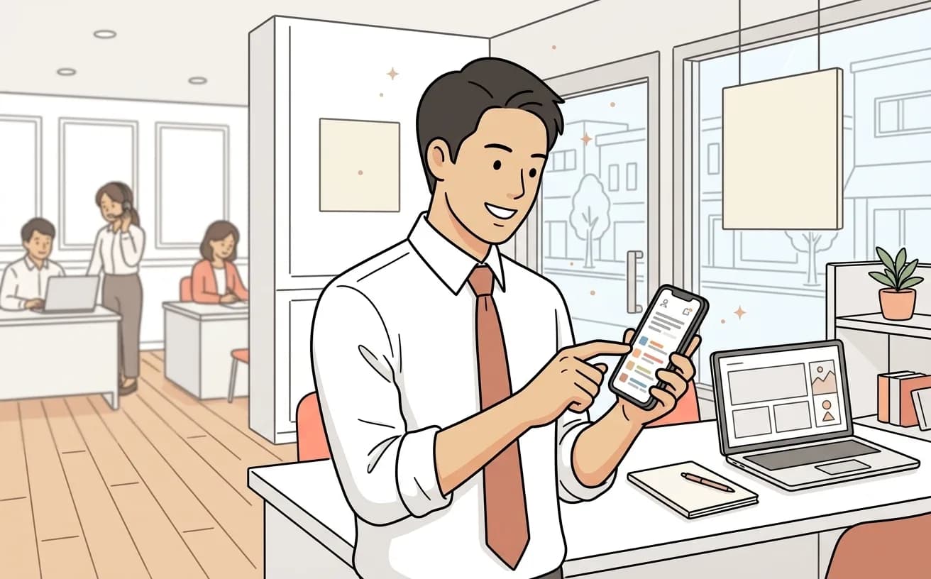 不動産の担当者がスマートフォンで内見予約のリマインド送信状況を確認しているイラスト