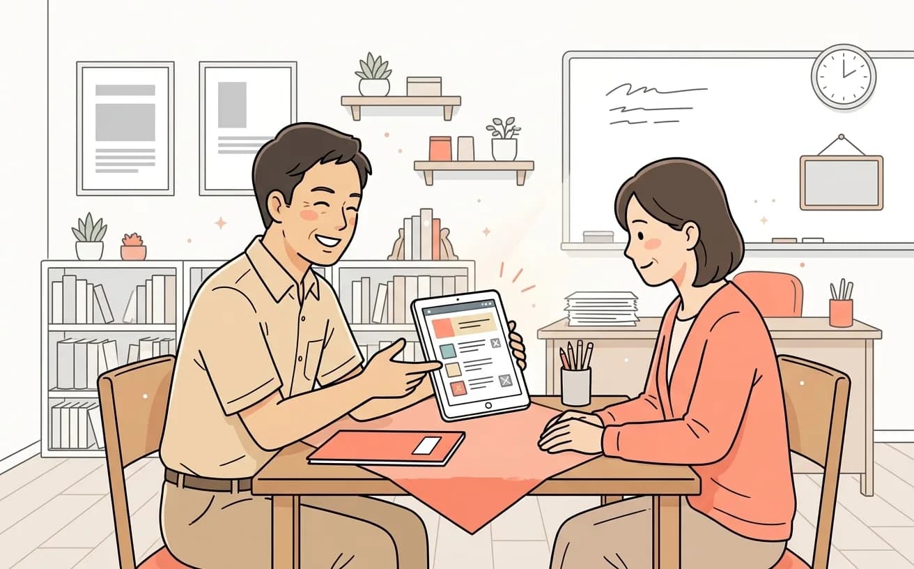 学習塾で講師が連絡履歴画面を見せながら保護者と面談するイラスト