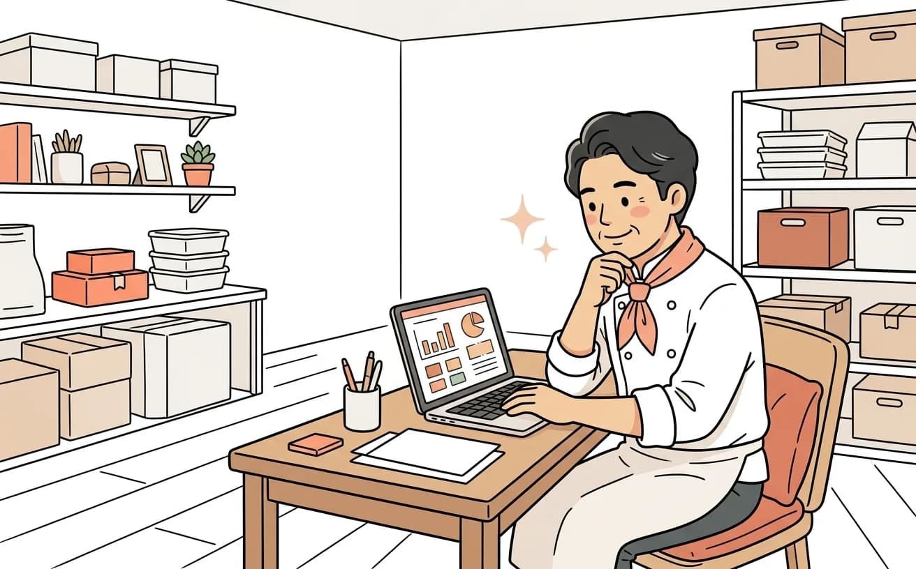 店舗で店主がノートパソコンでアクセス解析画面を確認しているイラスト
