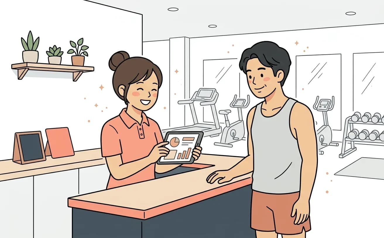 フィットネスクラブの受付でスタッフがタブレットを見せながら会員に休会の手続きを説明しているイラスト