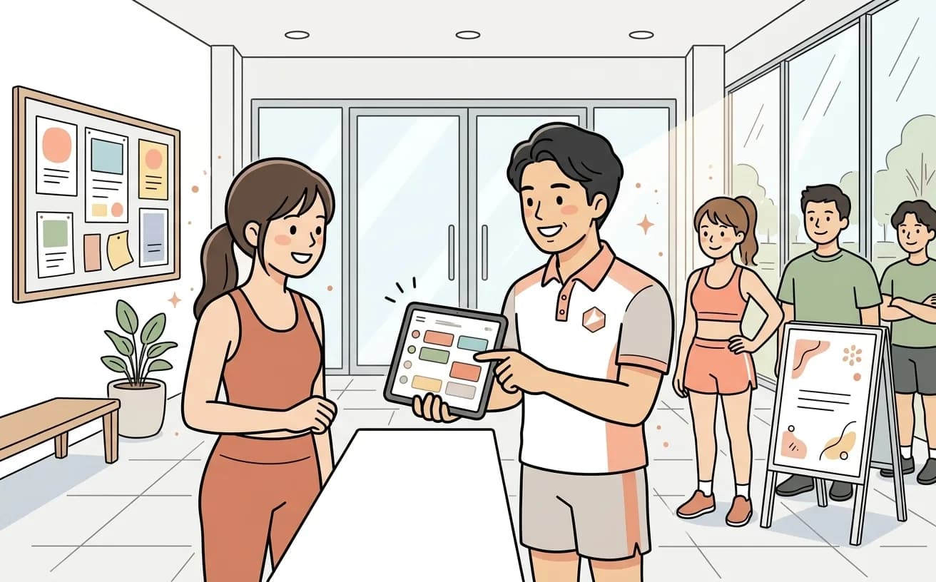 ジムでトレーナーがタブレットのレッスン予約状況を会員に案内しているイラスト