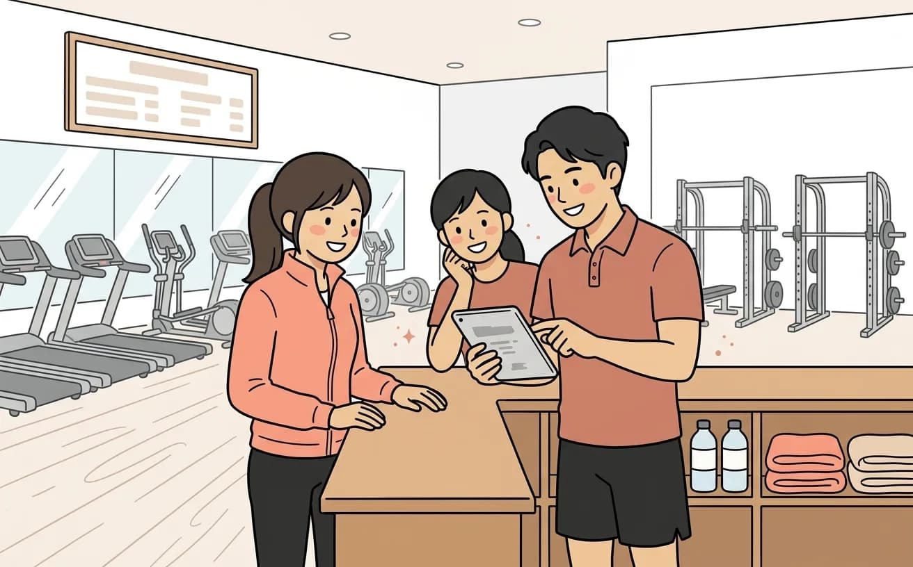 ジムでトレーナーが会員利用データ画面を確認しながら会員に声をかけるイラスト