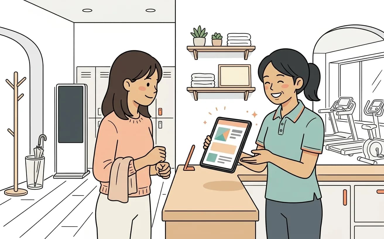 ジムでトレーナーが体験予約画面を見せながら入会案内をしているイラスト