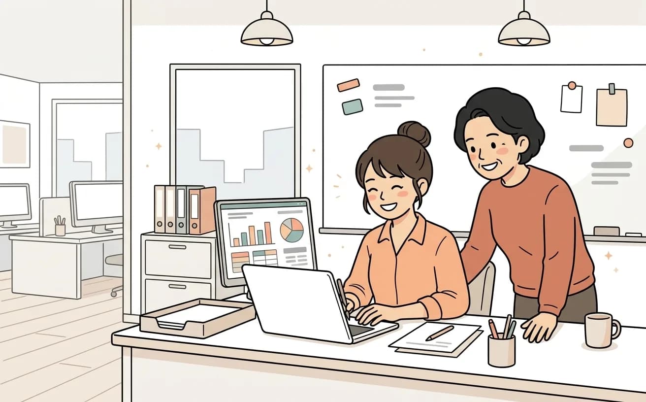 ジムの本部スタッフが複数店舗の会員データをまとめて確認しているイラスト