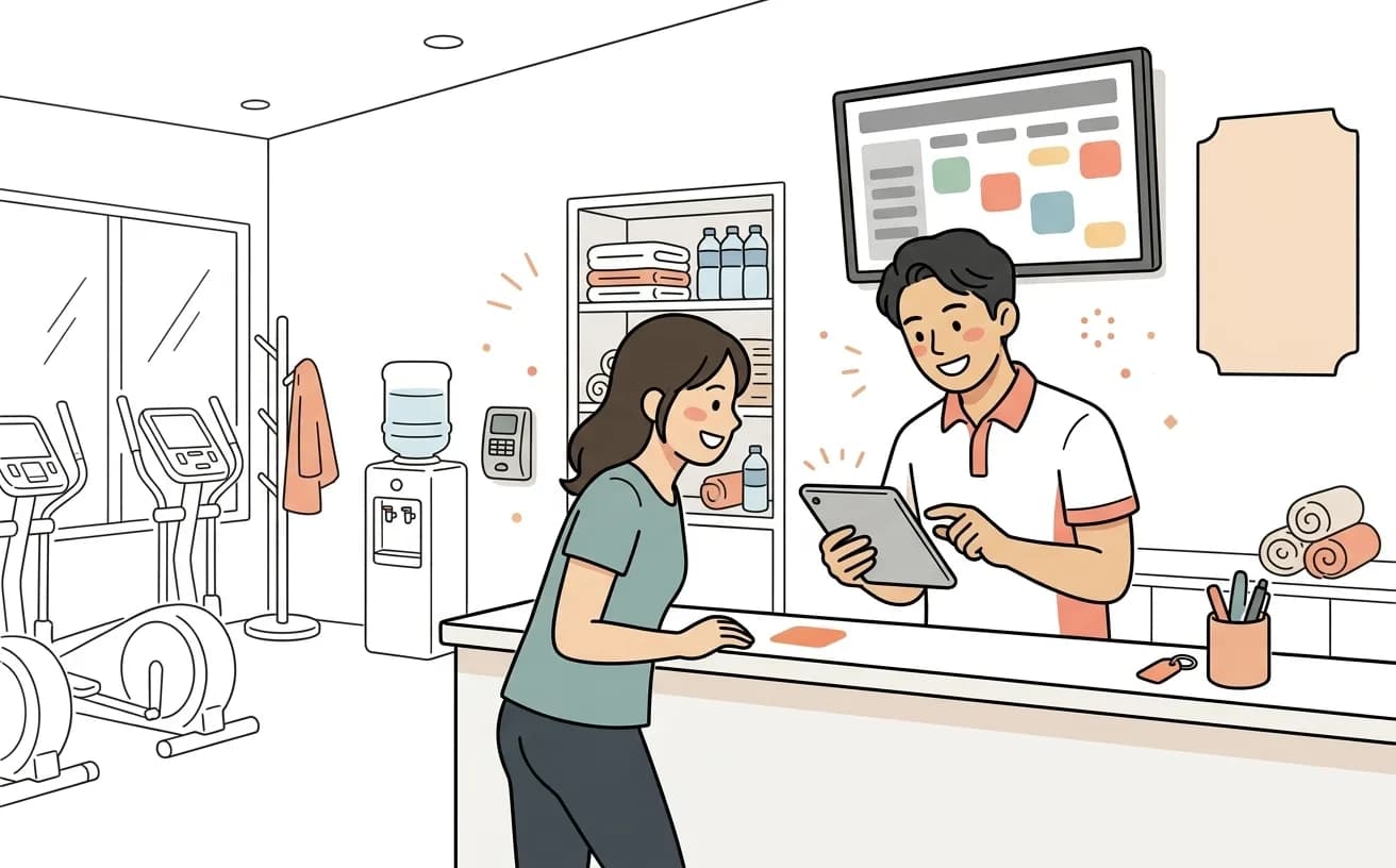 ジムでトレーナーがタブレットの予約システムを会員に案内しているイラスト