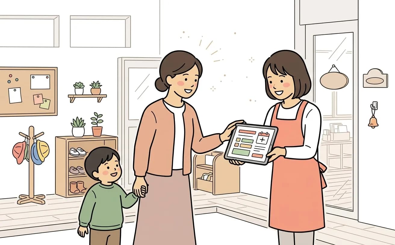 保育園で職員が見学予約フォーム画面を見せながら保護者を案内するイラスト
