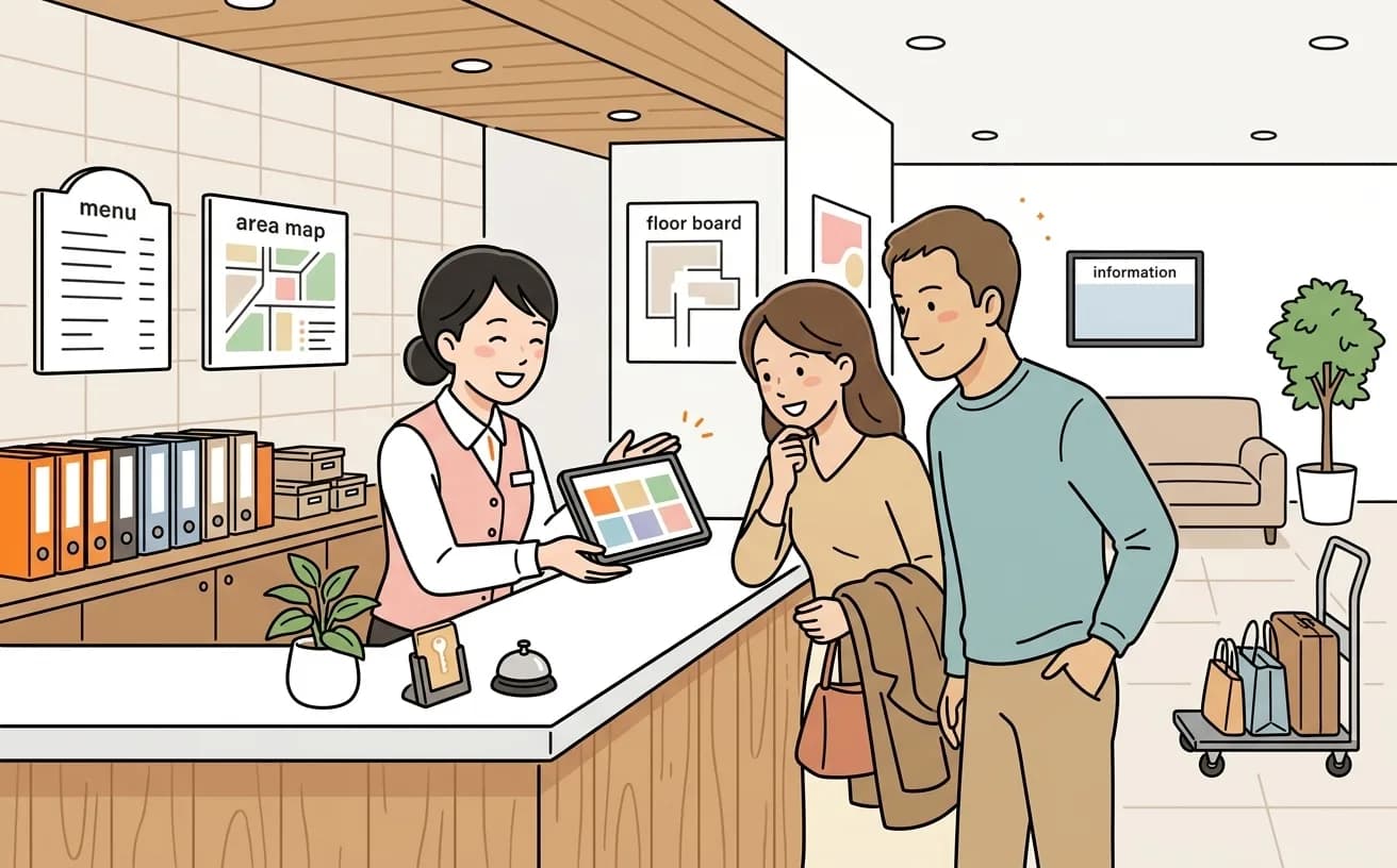 ホテルのフロントでスタッフが多言語予約画面を外国人観光客に見せているイラスト