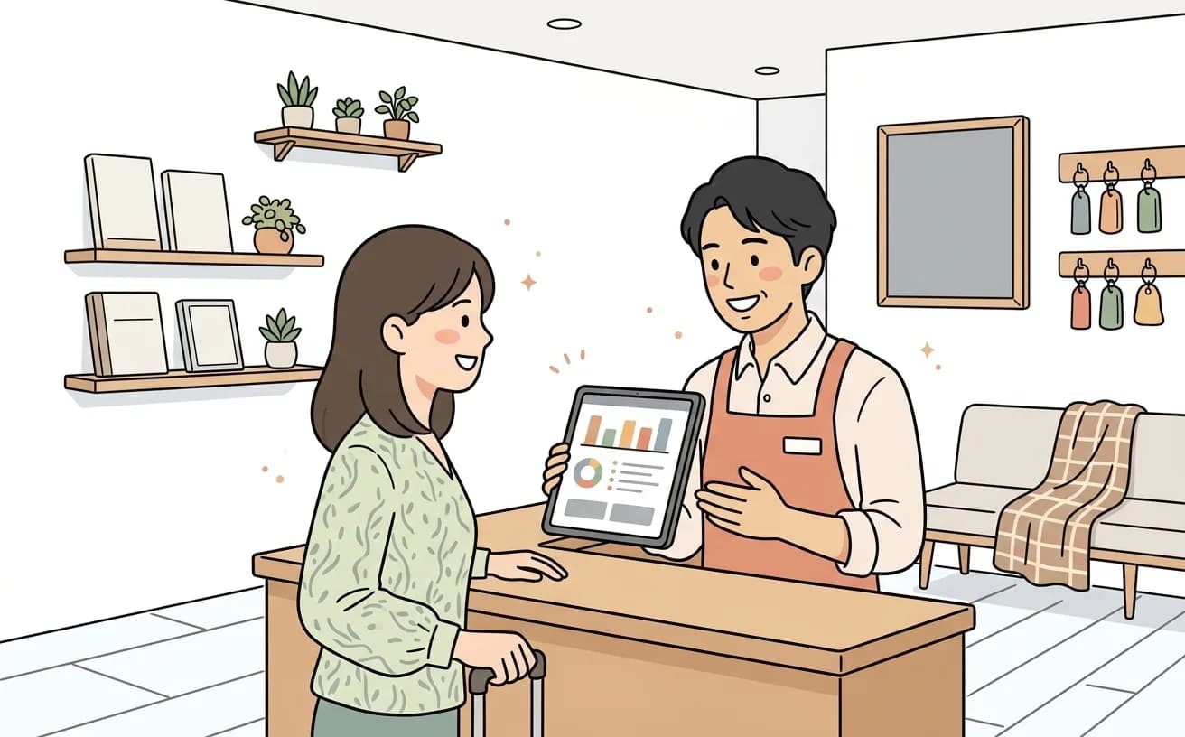 民泊のフロントでスタッフが顧客管理画面を見ながらリピーターの宿泊客を迎えるイラスト