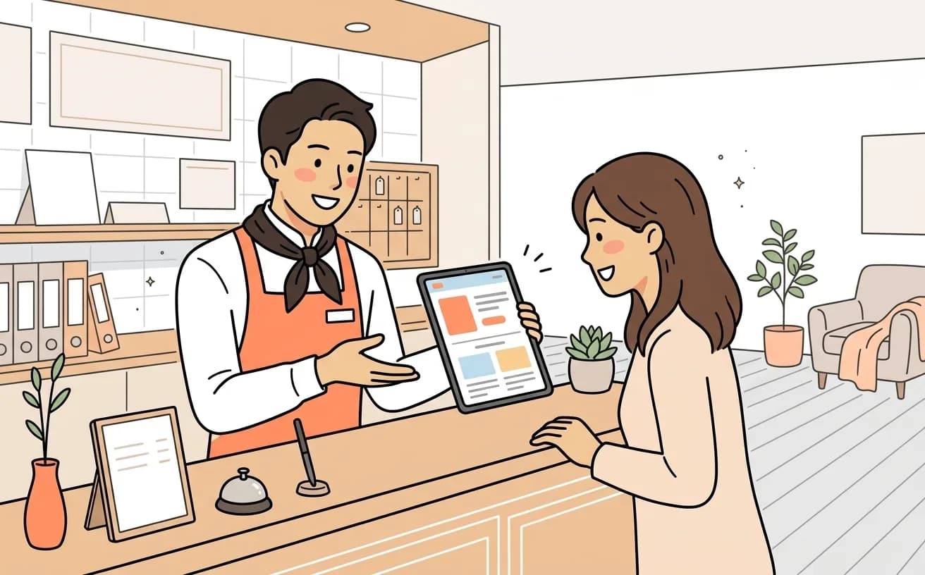 ホテルでスタッフが自社予約サイト画面を宿泊客に案内するイラスト