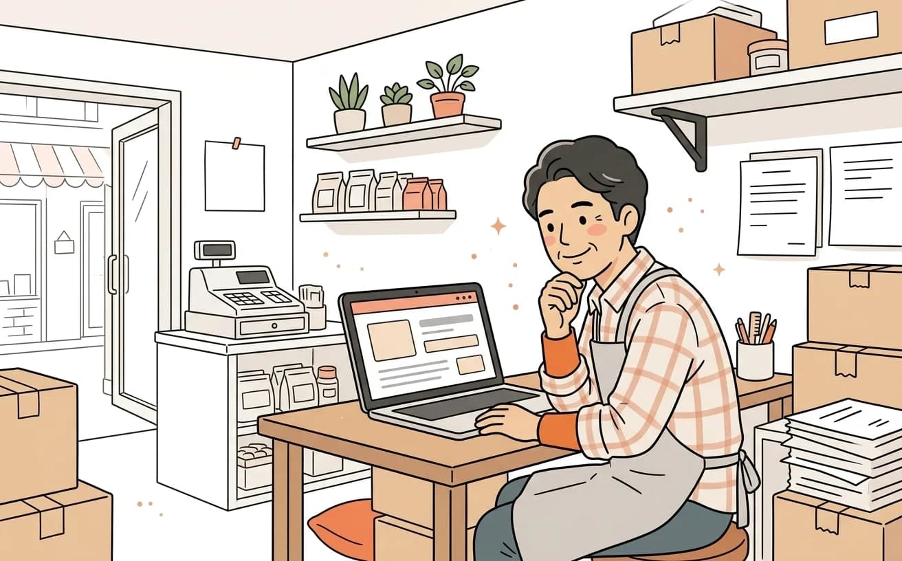 店舗で店主がホームページ制作の見積もり画面をノートパソコンで確認しているイラスト