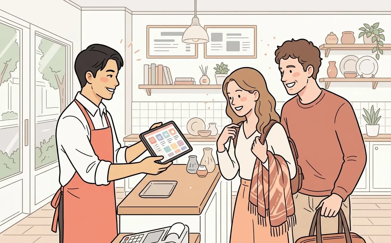 店舗でスタッフが多言語予約画面を外国人観光客に見せながら確認するイラスト
