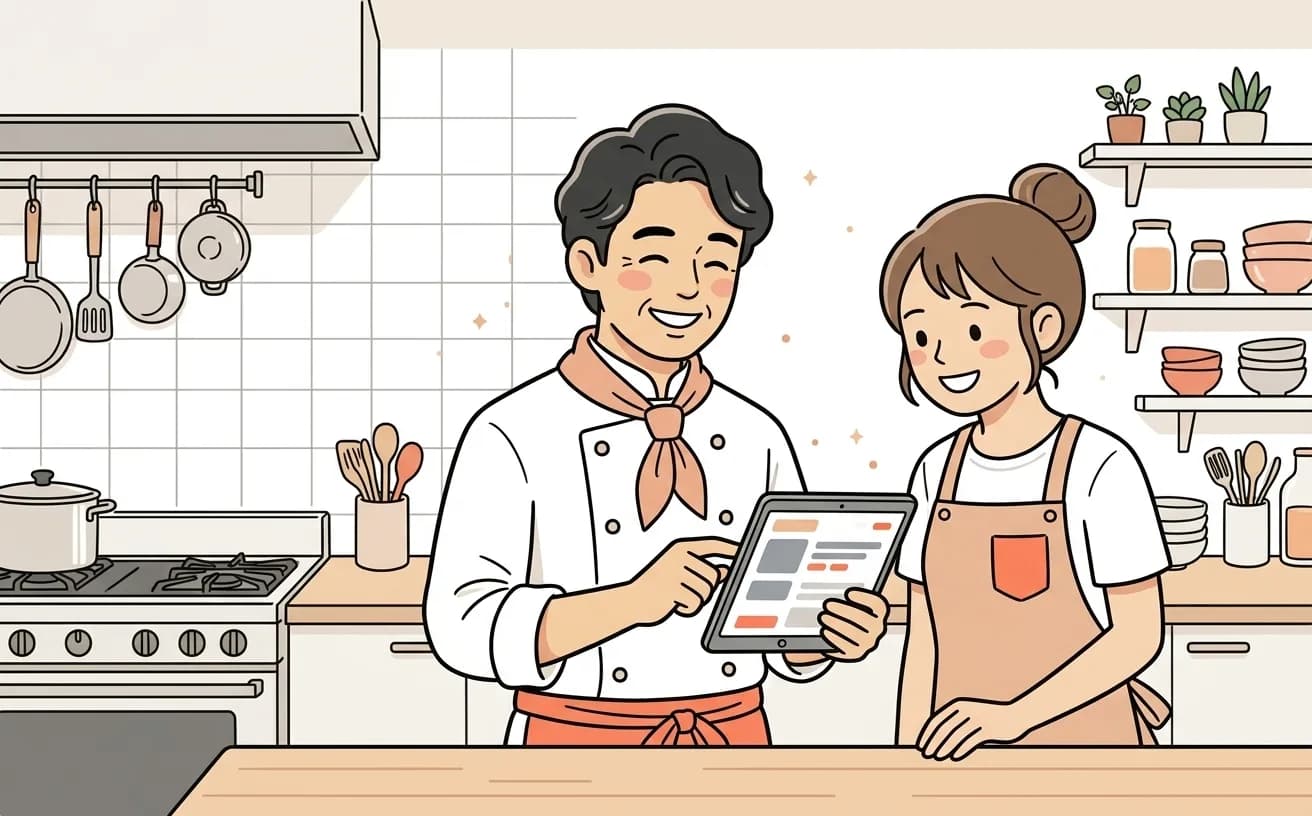 飲食店で店主がAI予約・集客管理画面を確認しながらスタッフに指示するイラスト