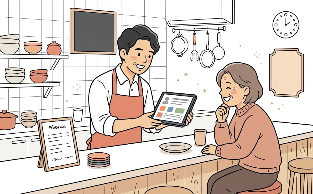 飲食店で店員が顧客管理画面を見ながら常連客に来店案内をするイラスト