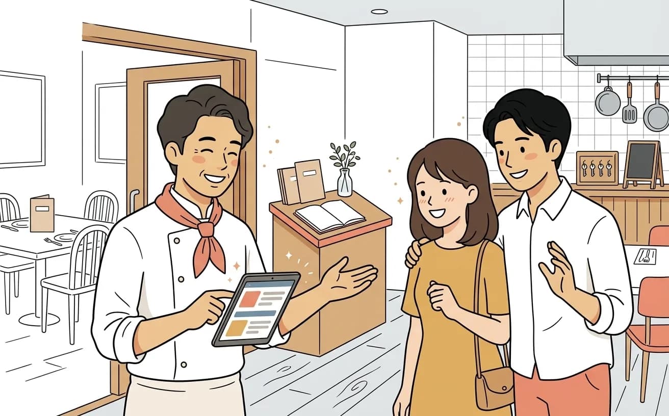飲食店で店員が予約経路一覧画面を確認しながら来店客を案内するイラスト