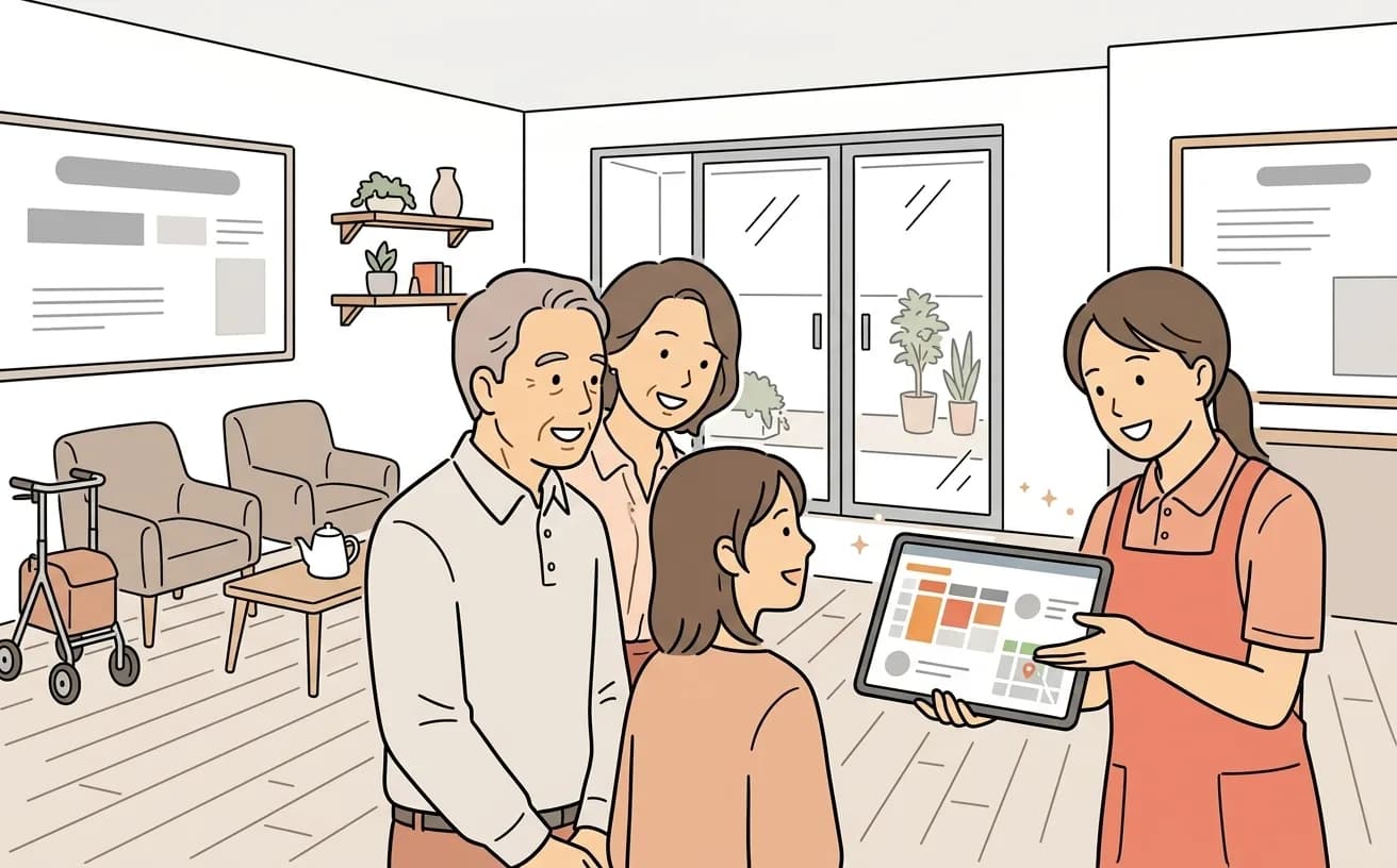 介護施設でスタッフが見学予約画面を見せながら家族連れを案内するイラスト