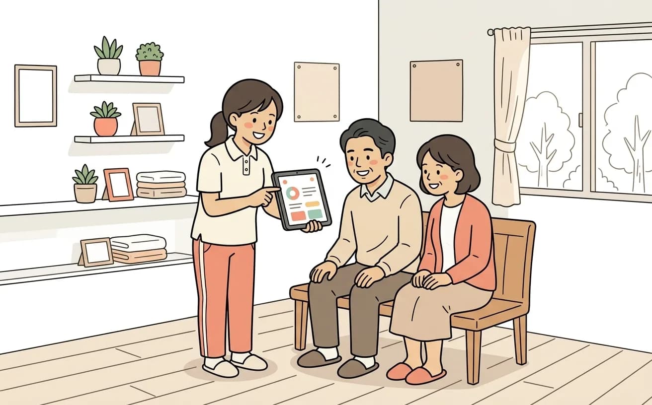 介護施設でスタッフがタブレットの連絡帳アプリを家族に見せているイラスト
