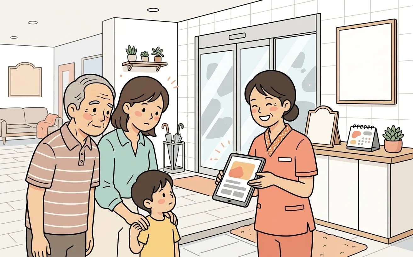 介護施設でスタッフが見学予約画面を見せながら家族を案内するイラスト