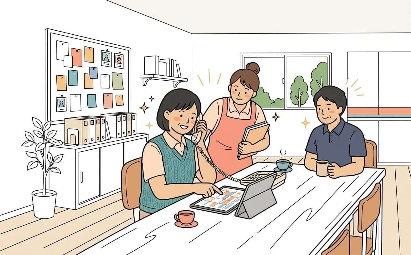 介護施設でスタッフがタブレットの送迎スケジュールを確認しながら家族の連絡に対応しているイラスト