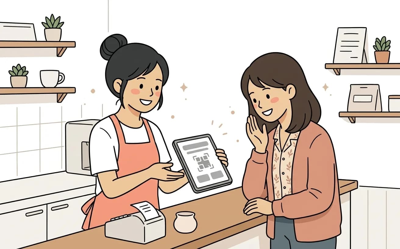 店舗でスタッフがお客にタブレットのQRコードを見せながら口コミを依頼するイラスト