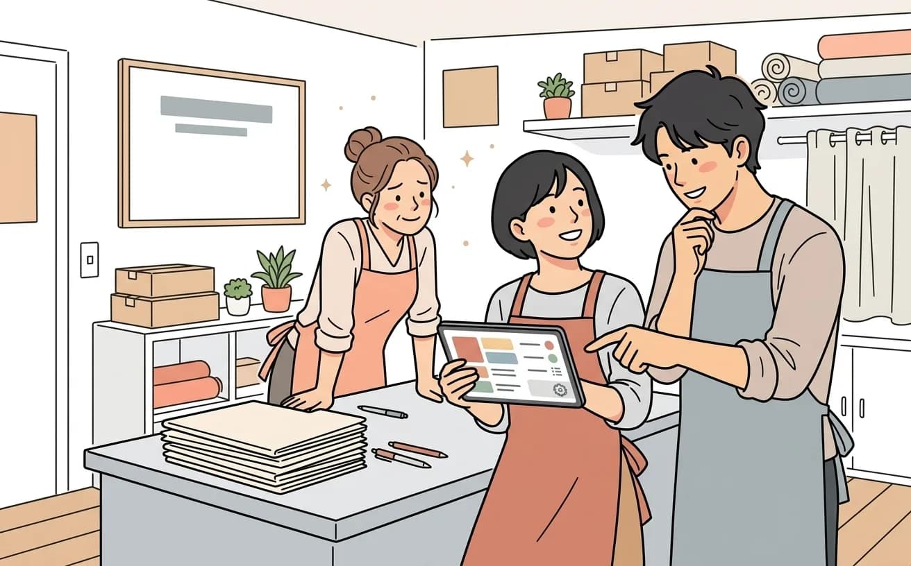 店舗でスタッフが休眠顧客への自動フォロー設定を確認しているイラスト