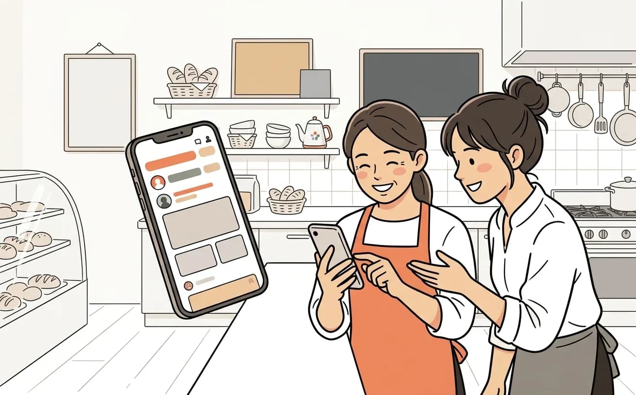 店舗でスタッフがLINE公式アカウントの配信画面を確認しているイラスト