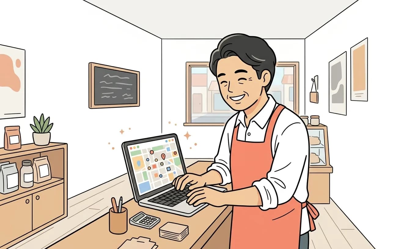 店舗で店主がGoogleマップの管理画面をノートパソコンで操作しているイラスト