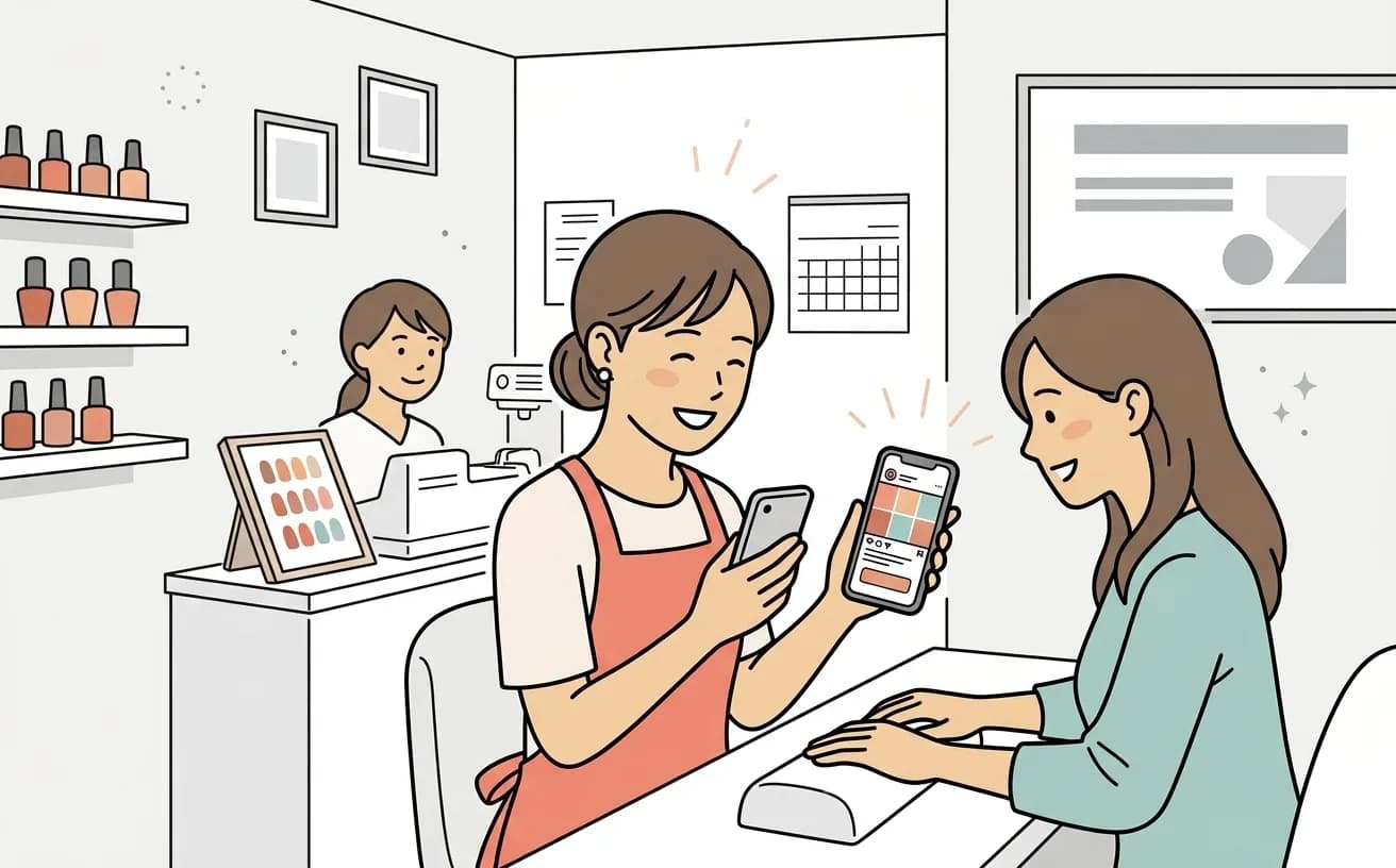 ネイルサロンでネイリストがInstagramから予約ページへの導線をスマートフォンで確認するイラスト