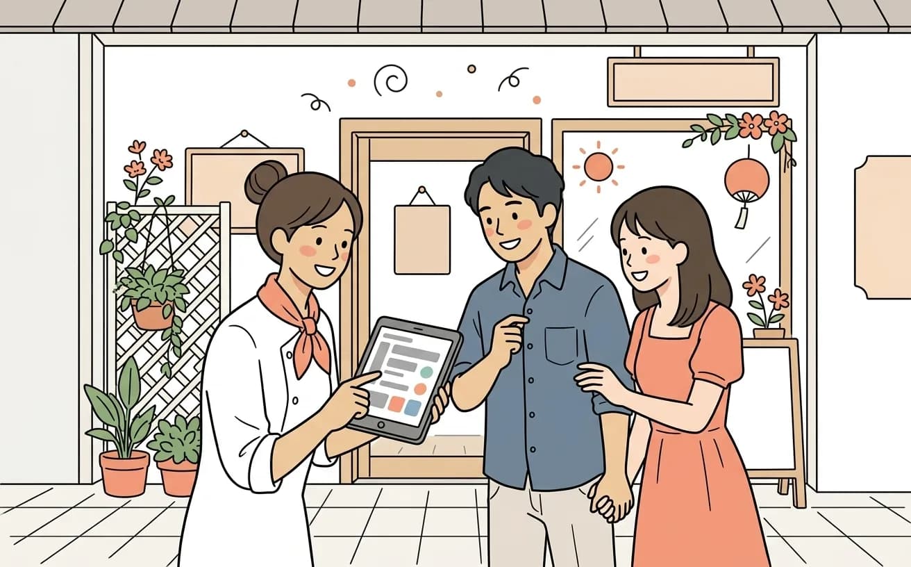 店舗で店員が夏の飾り付けの前でキャンペーン予約画面を確認しているイラスト