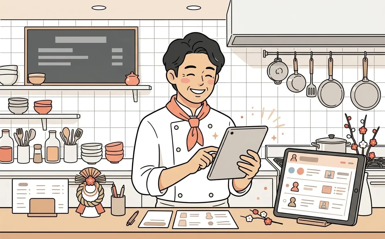 店舗でスタッフが年末の繁忙期に予約管理画面を確認しているイラスト