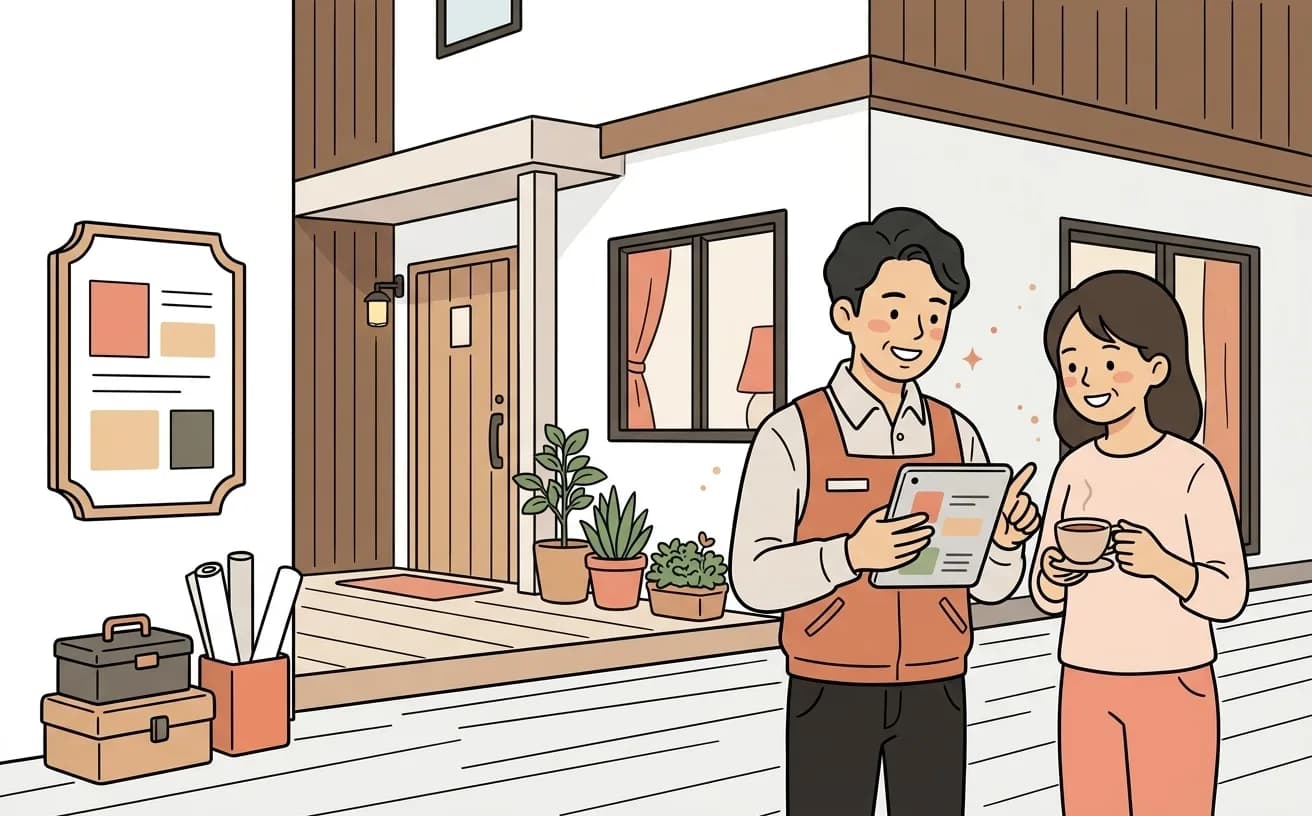 リフォーム会社のスタッフが住宅前でアフターフォロー記録画面を確認しているイラスト