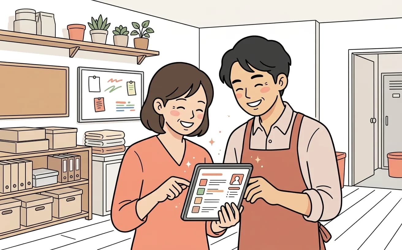 店舗でスタッフが顧客管理画面を見ながらリピーター施策を検討するイラスト