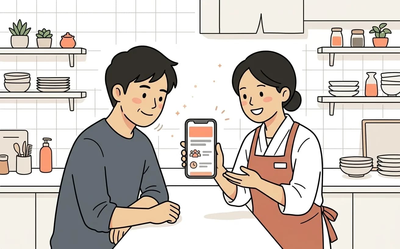 飲食店の店員がLINE予約画面で宴会予約の人数変更を確認しているイラスト