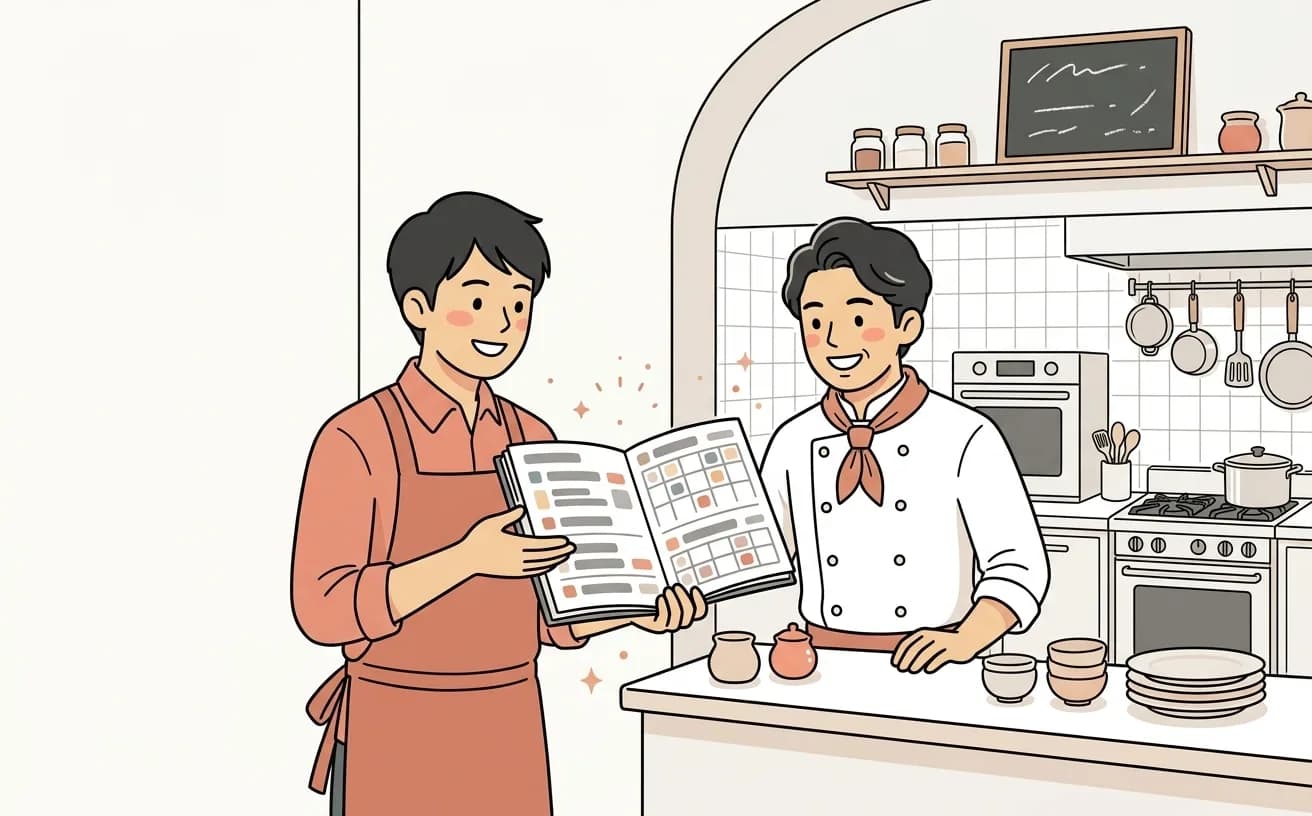 レストランでホールスタッフが予約時に受けたアレルギー情報を料理人に手渡して確認しているイラスト