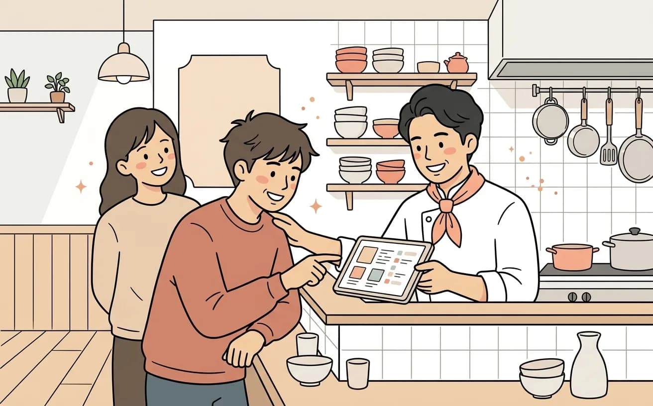 飲食店で店員がタブレットの予約・顧客情報を確認しながら来店客を案内するイラスト