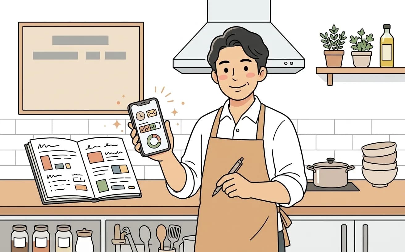 飲食店の店員が自動リマインド送信画面と予約台帳を確認しているイラスト