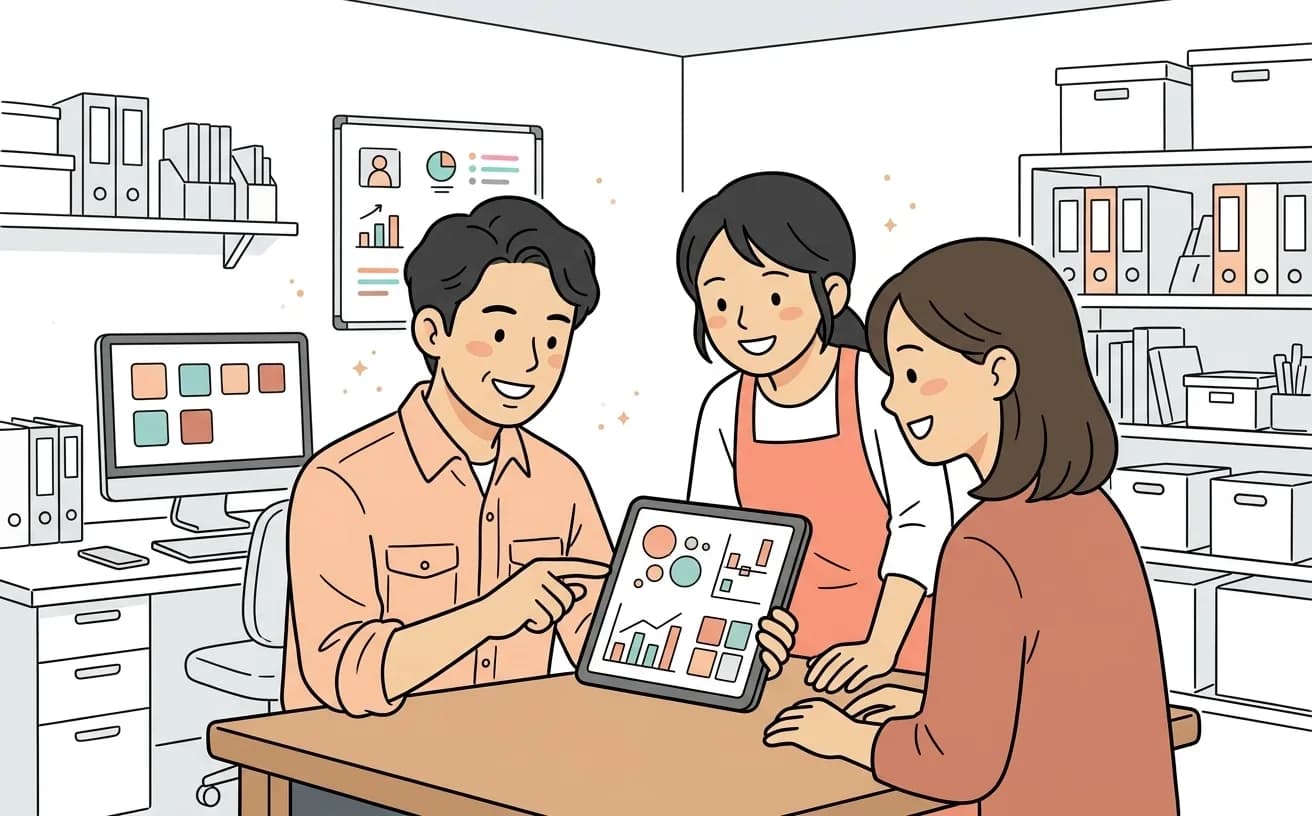店舗でスタッフがタブレットのRFM分析画面で顧客セグメントを確認しているイラスト