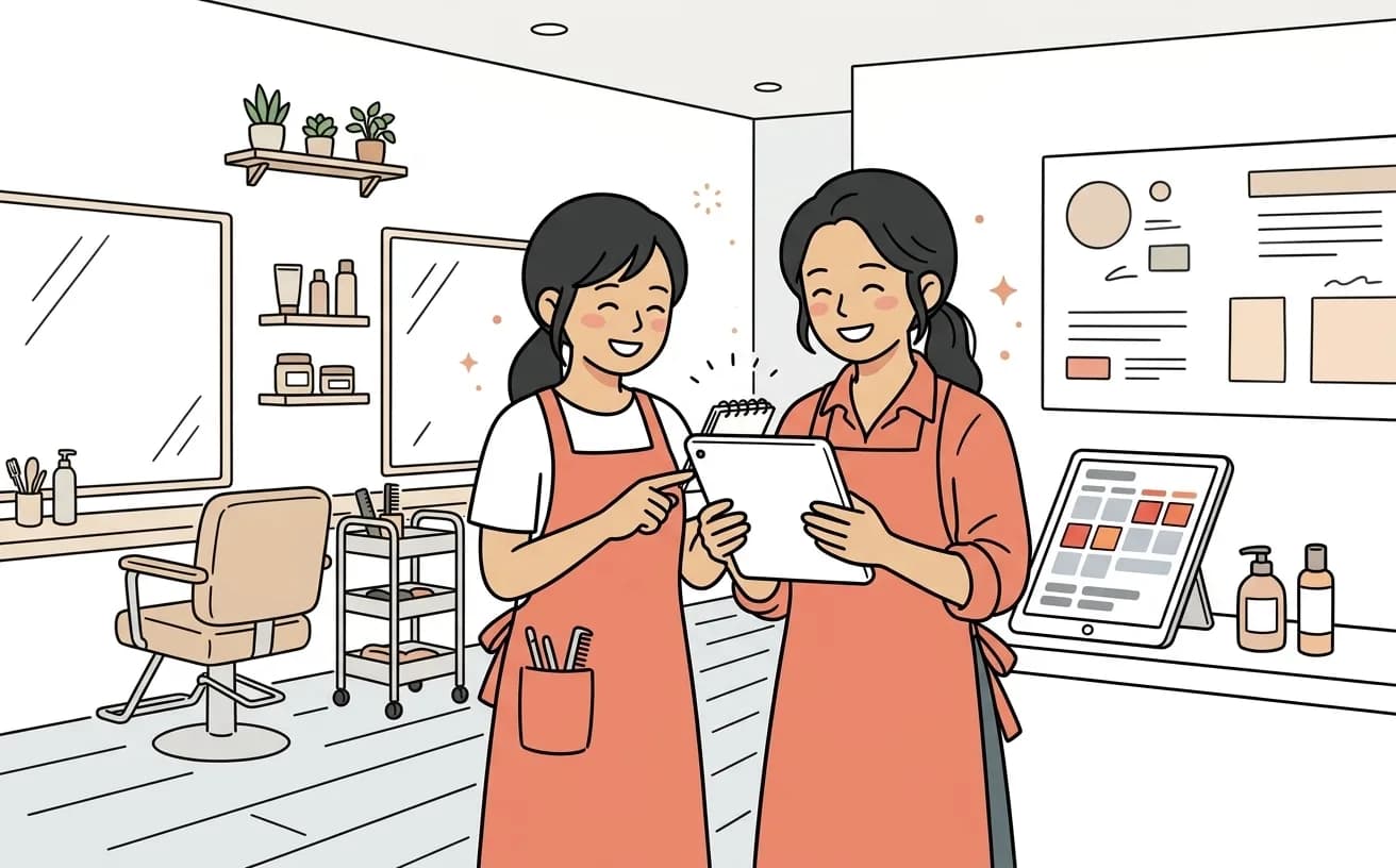 美容室のスタッフがタブレットで予約とキャンセル状況を確認しているイラスト
